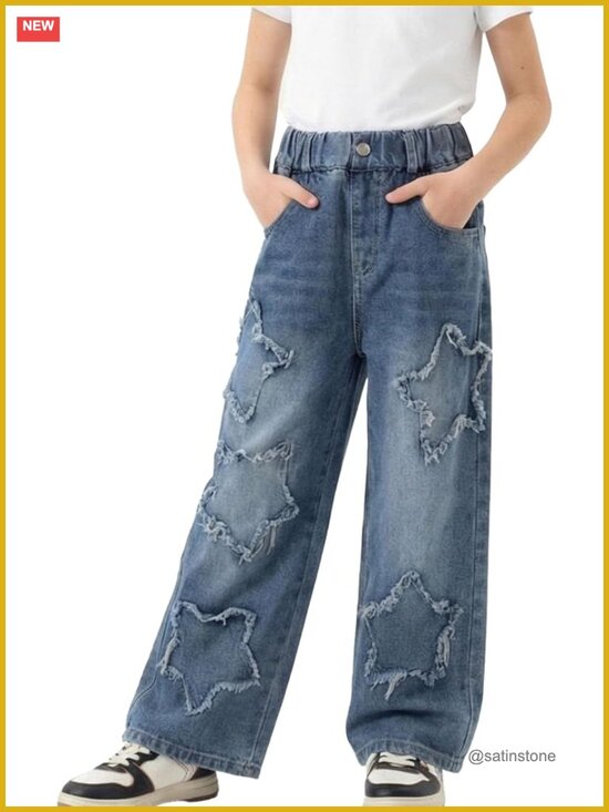 Other - Girls Wide Leg Baggy Jeans with Star Appliques Elastic Waist Y2K